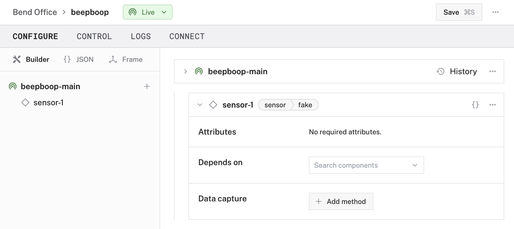 An example configuration for a fake sensor in the Viam app Config Builder. Attributes are left blank.
